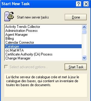 ServerTasksAt catalog.nsf NSF Lotus Domino notes task console tâche cataloger catalog catalogue bases hatmos server design serveur système admin