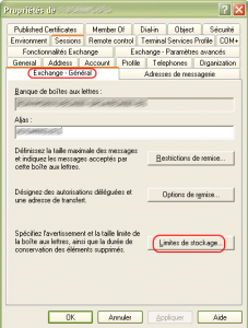 Fenêtre de propriété Active Directory - Exchange limitesexchange 227x300 Exporter dans Excel les limites de BAL Exchange des utilisateurs Active Directory en VBScript