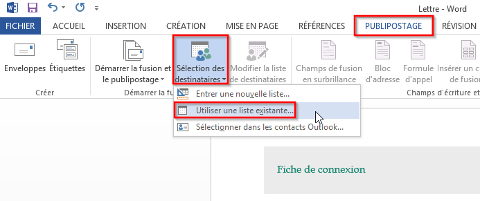 Connexion entre Excel et Word