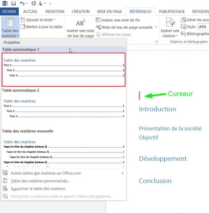 comment creer une table des matieres word