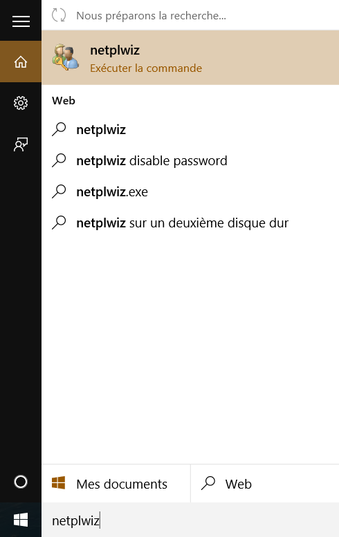 Recherche Cortana pour Netplwiz sous Windows 10