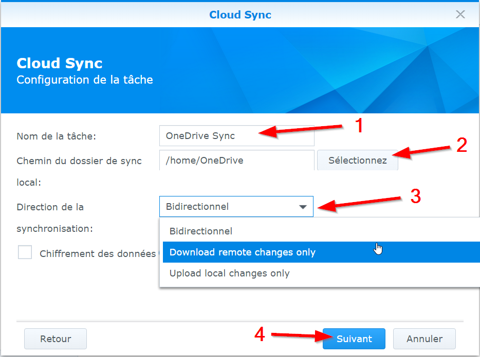 Création de la connexion Cloud Sync
