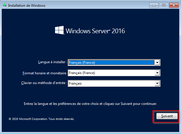 Démarrage de l'installation de Windows Server 2016