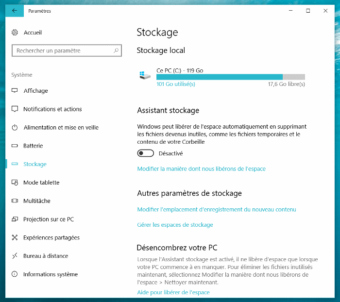 Paramètres de stockage dans Windows 10