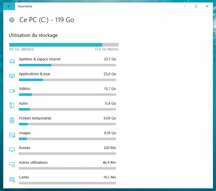 Détail de l'utilisation du stockage dans les paramètres de Windows 10