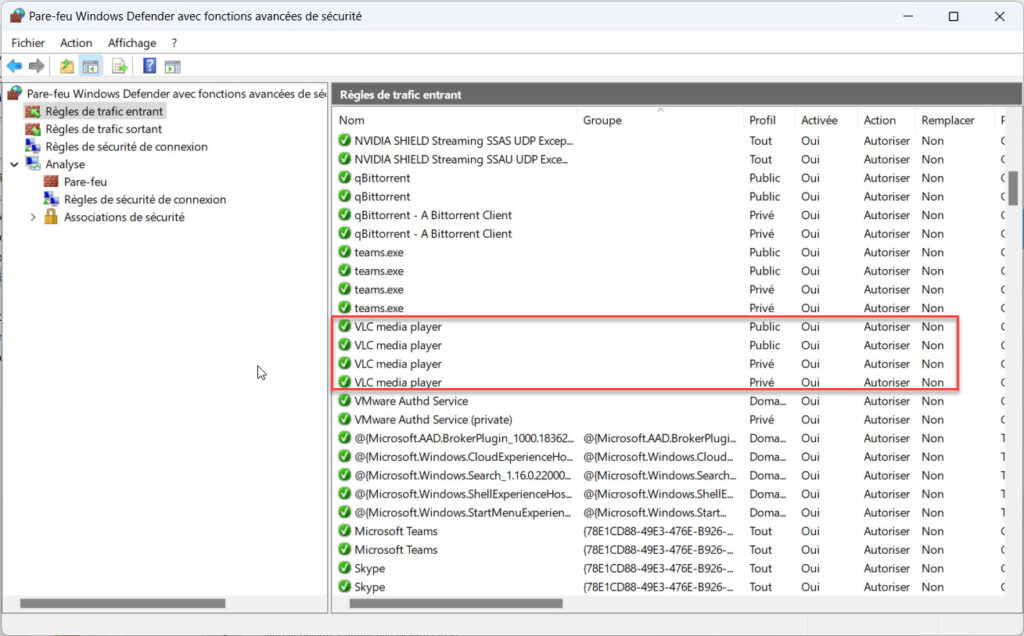 VLC est autorisé dans le FW de Windows 