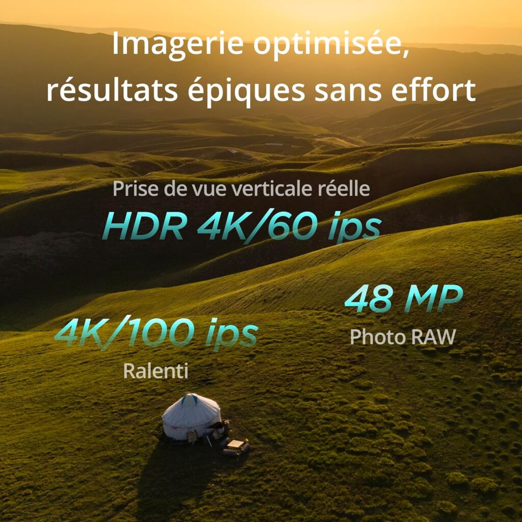Mise en avant des capacités de prise de vue du drone, incluant la prise de vue verticale réelle en HDR 4K/60 ips, les ralentis en 4K/100 ips, et la photographie en 48 MP RAW.