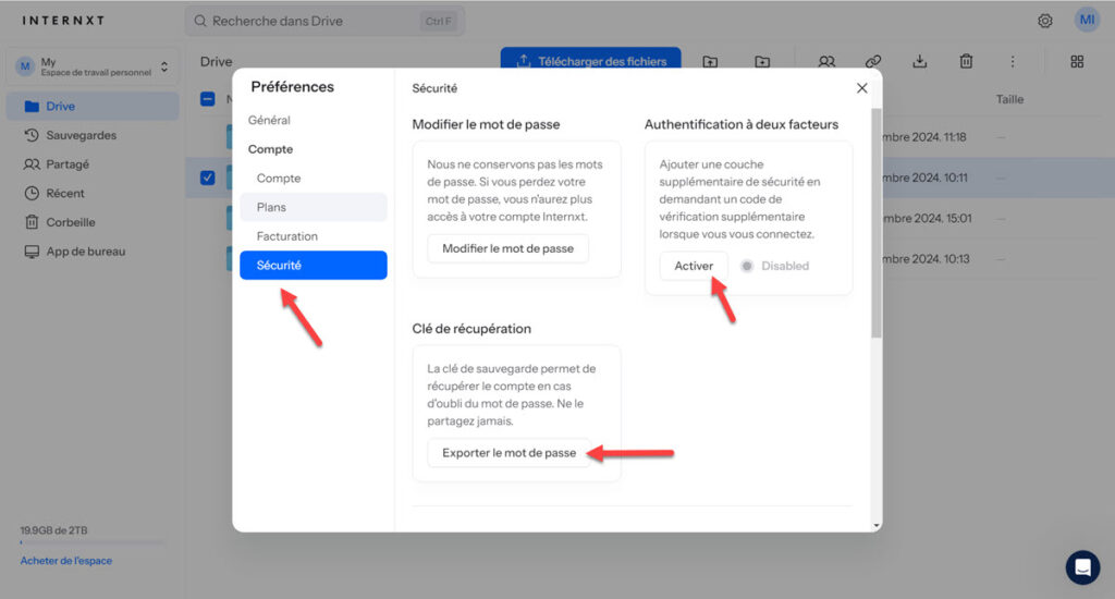 La sécurité est au coeur de Internxt avec le 2FA et la clé de récupération