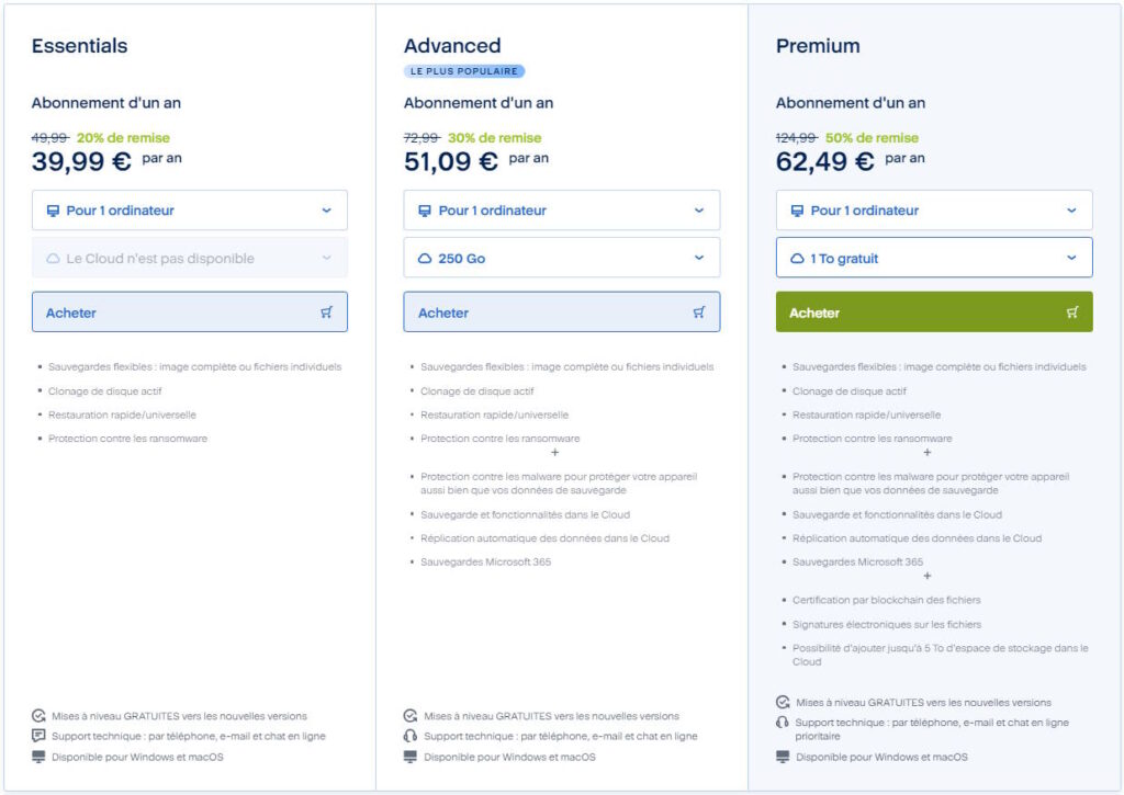 Formules d'abonnement à Acronis True Image