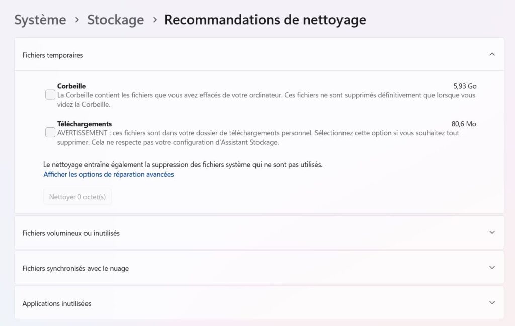 Recommandations de nettoyage dans Windows 11