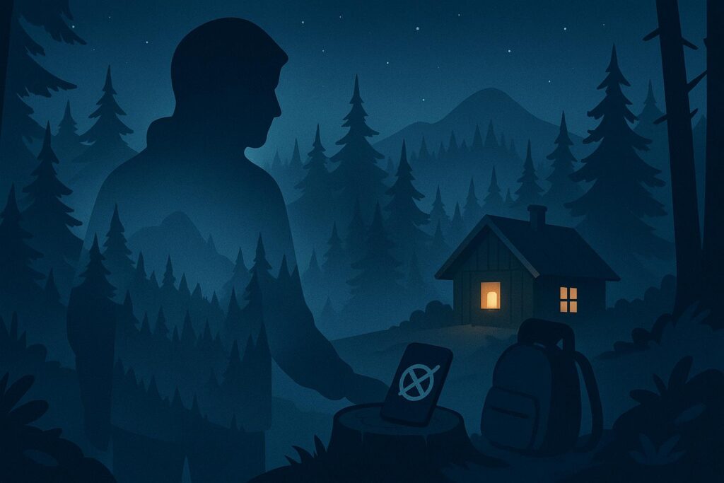 Silhouette discrète se fondant dans un paysage sombre, téléphone barré