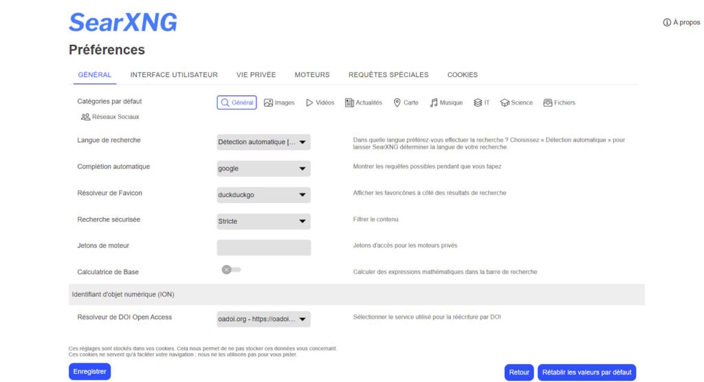 Réglage des paramètres de SearXNG