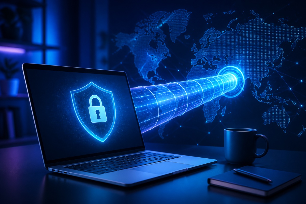 Ordinateur protégé par un VPN avec tunnel chiffré et cadenas numérique