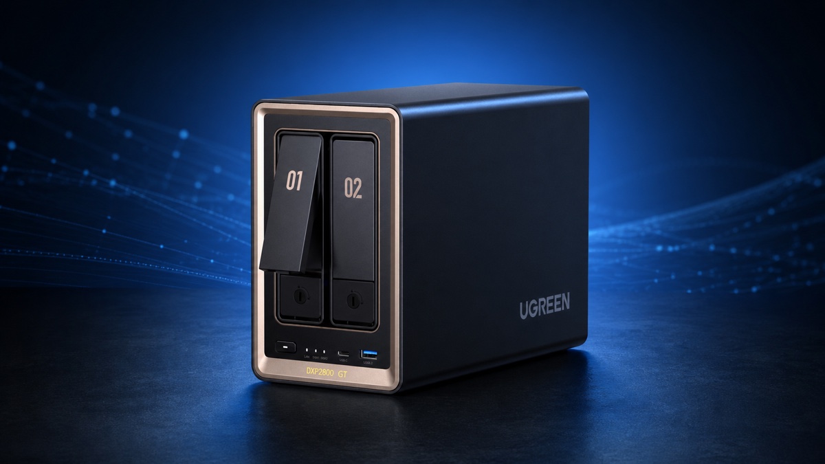 NAS UGREEN NASync DXP2800 GT sur fond bleu technologique