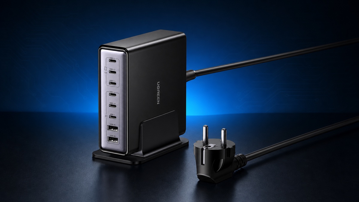Chargeur UGREEN Zapix 200W sur fond bleu technologique