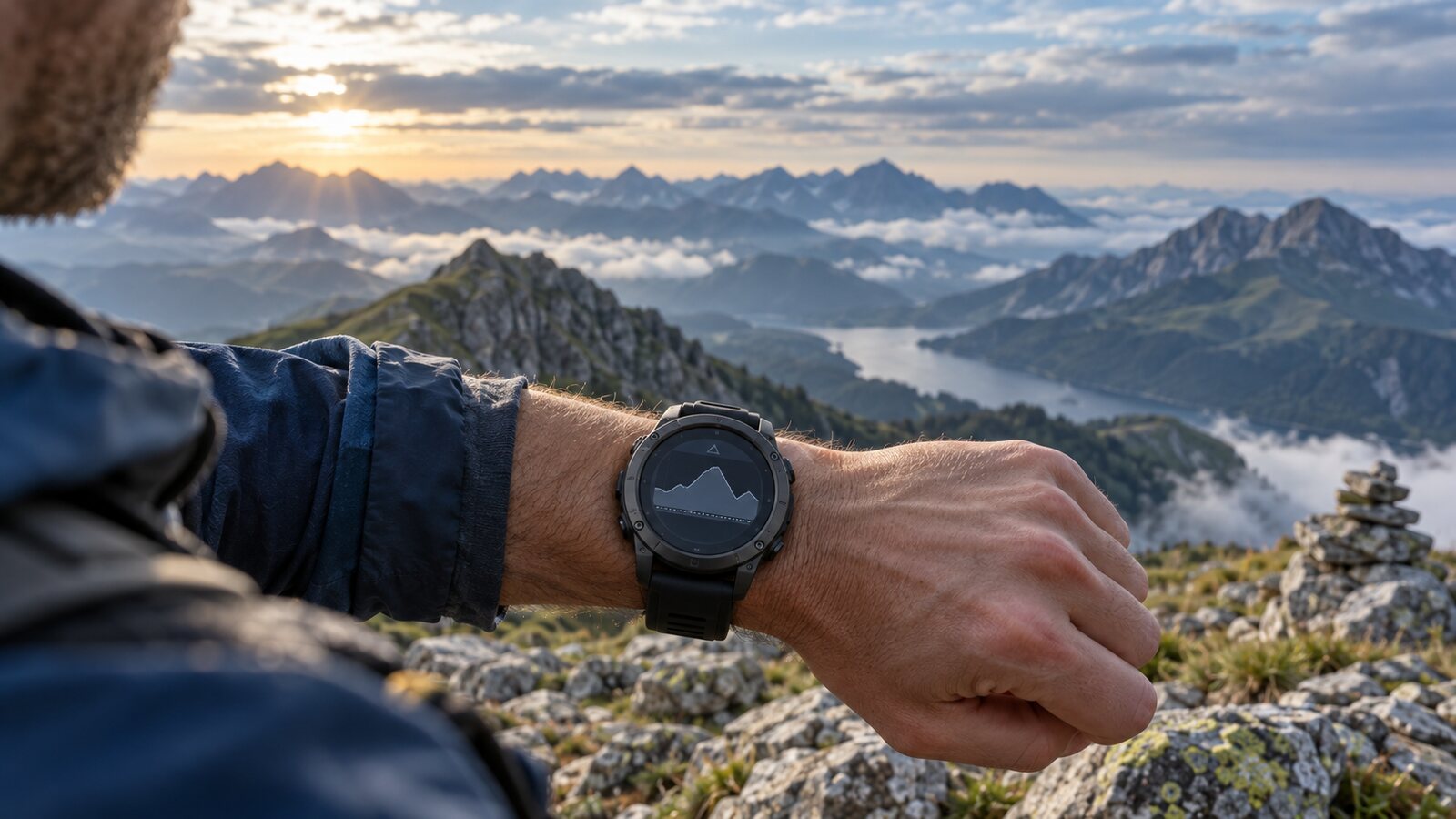 Montre GPS avec courbe d’altitude au poignet d’un randonneur en montagne