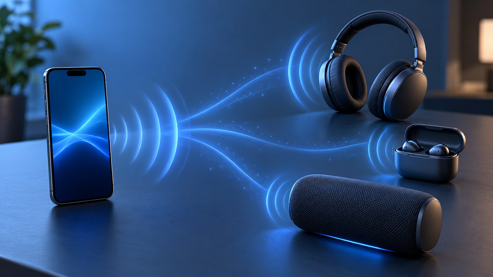Un smartphone diffuse un flux audio Auracast vers un casque, des écouteurs et une enceinte Bluetooth