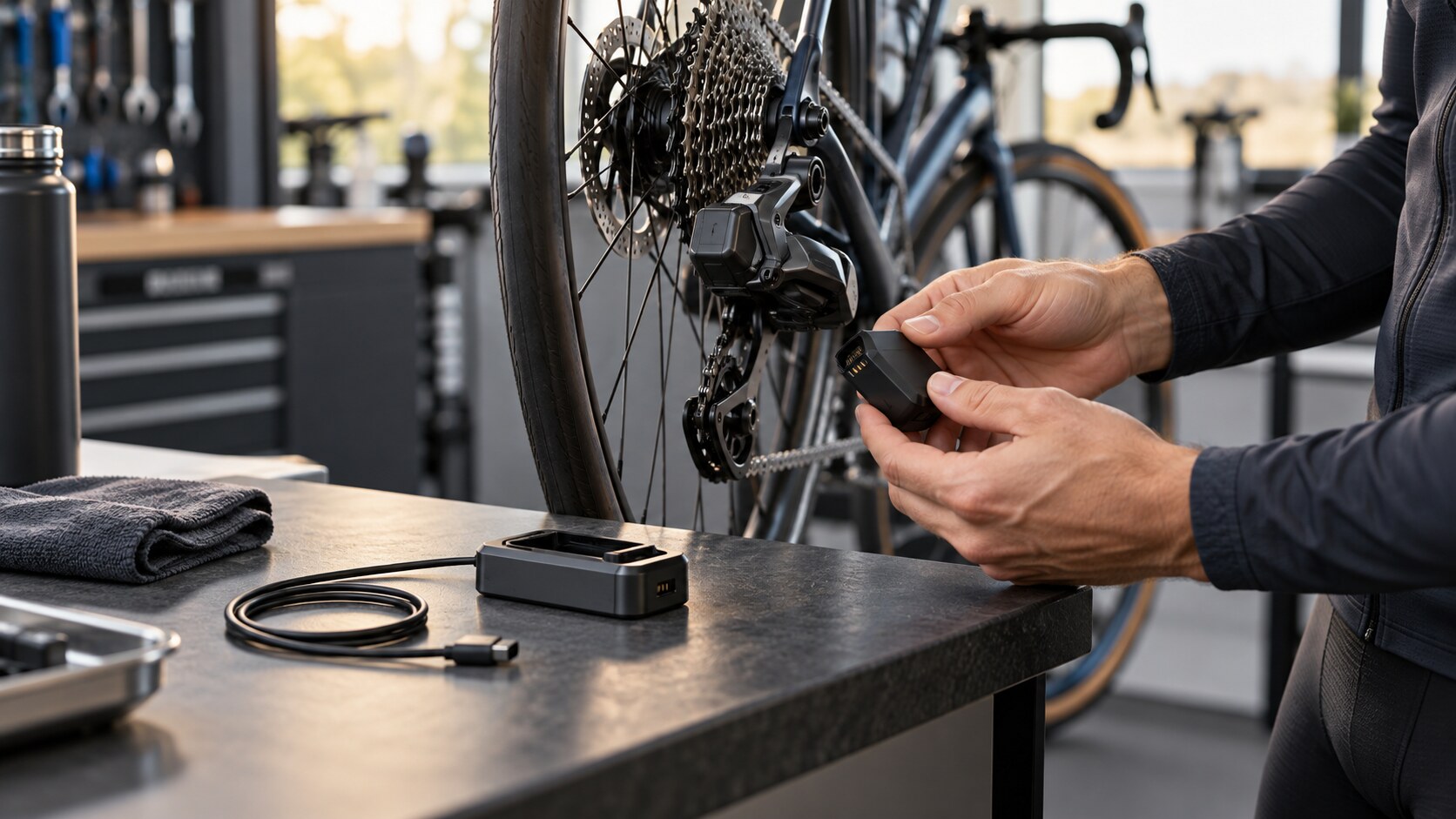 Cycliste rechargeant la batterie d’une transmission électronique de vélo dans un atelier