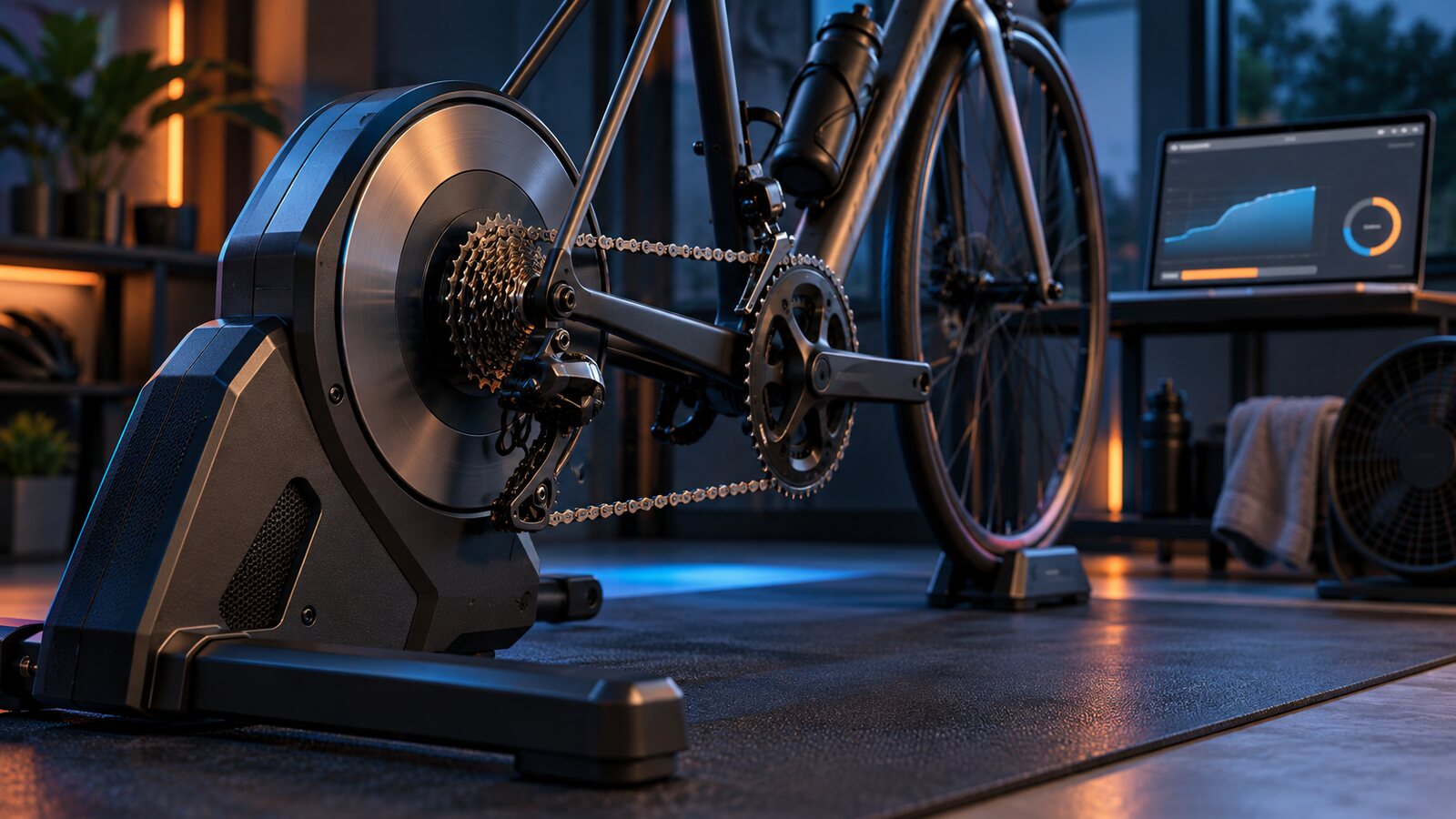 Vélo de route monté sur un Home Trainer connecté devant un écran de calibration