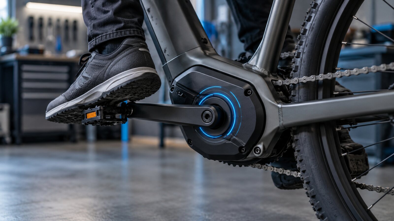 Pédalier et moteur central d’un VAE illustrant la mesure de l’effort au pédalage