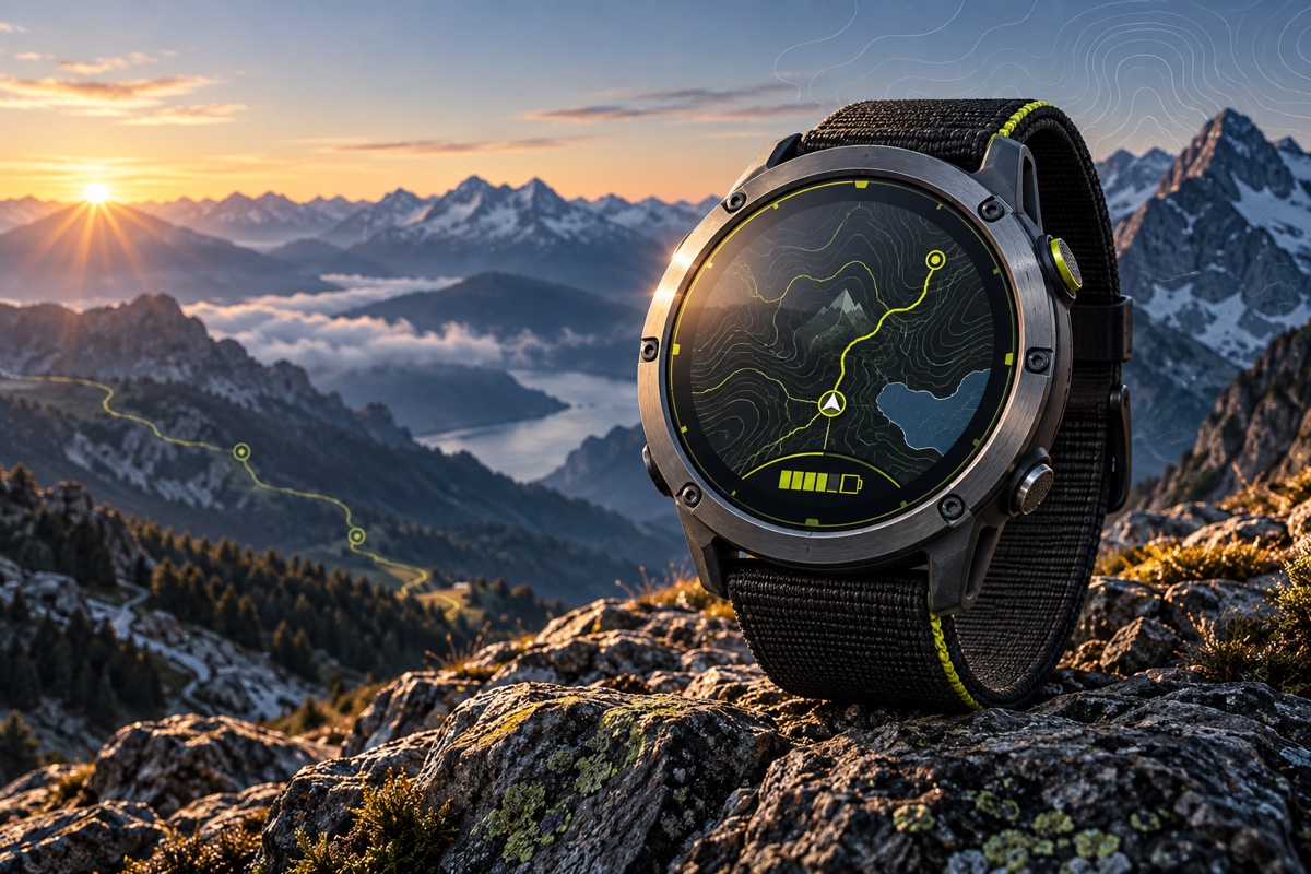 Illustration conceptuelle d’une montre GPS outdoor évoquant la future Garmin Enduro 4
