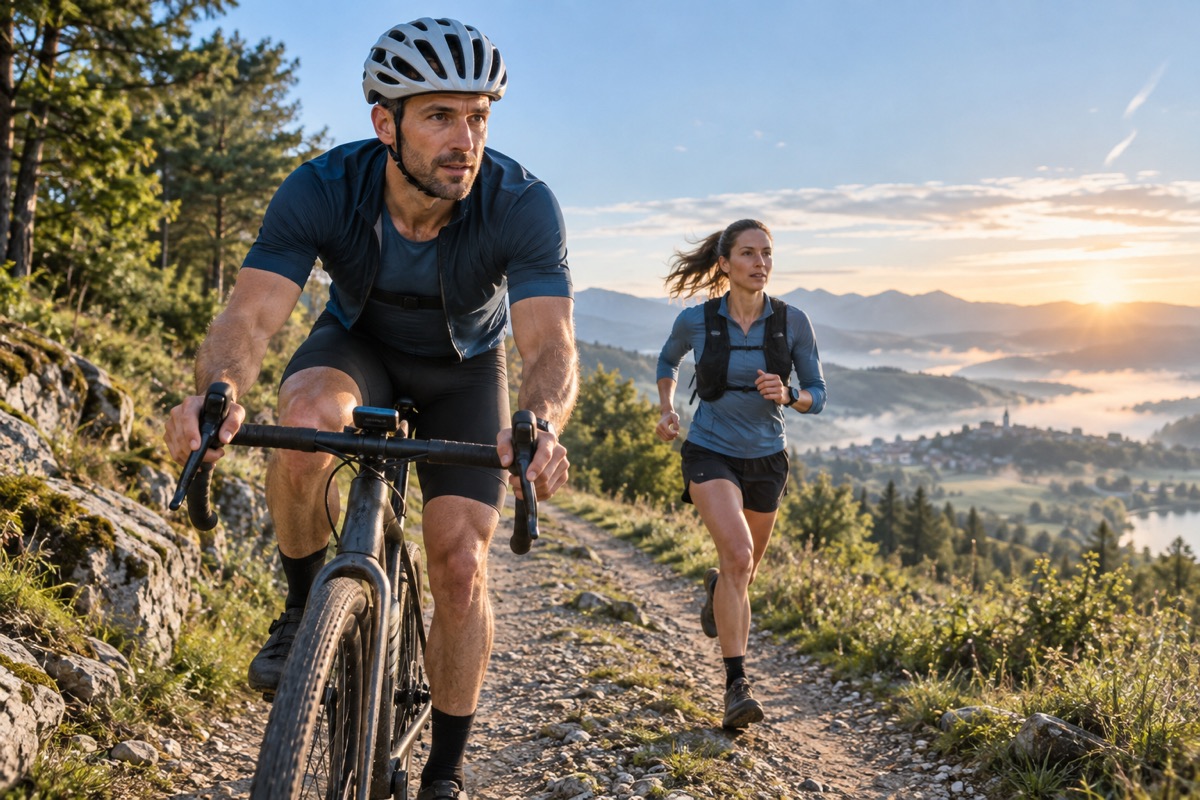 Cycliste et coureuse équipés d’une montre et d’un compteur pour le sport connecté