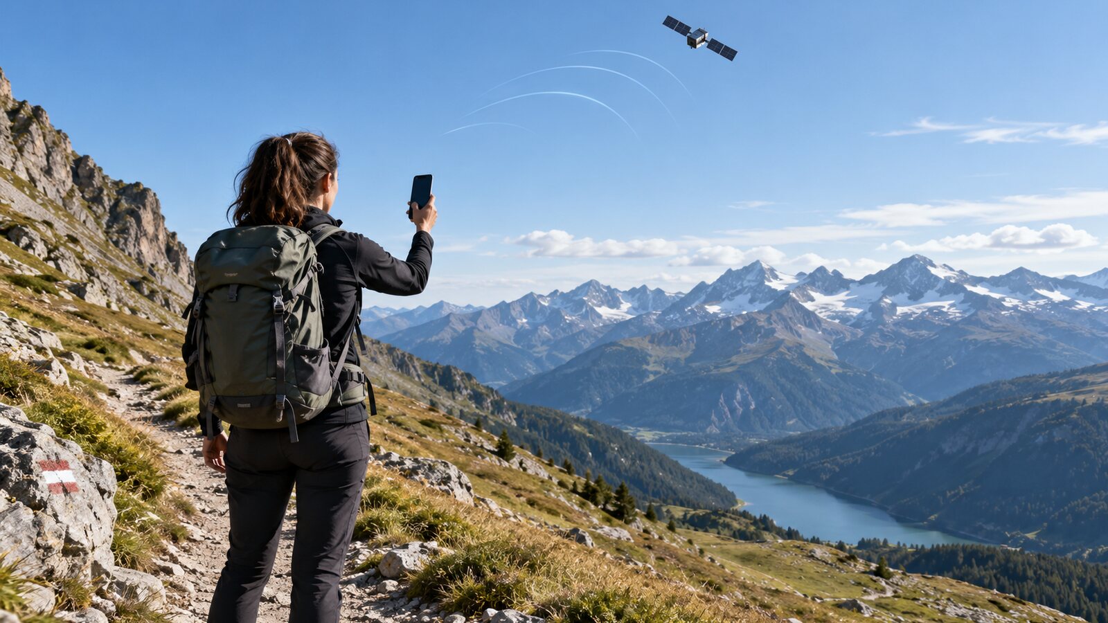 Randonneuse utilisant un smartphone sous un ciel dégagé pour établir une liaison satellite