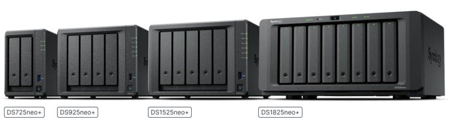 Les quatre NAS Synology DiskStation neo+ officiels : DS725neo+, DS925neo+, DS1525neo+ et DS1825neo+