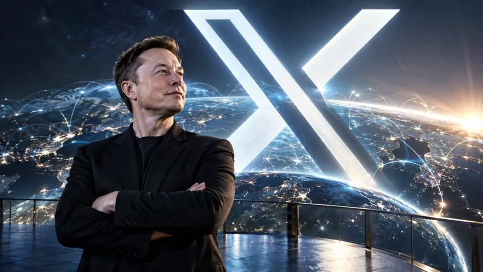 Illustration d’Elon Musk devant un grand X lumineux et un globe connecté