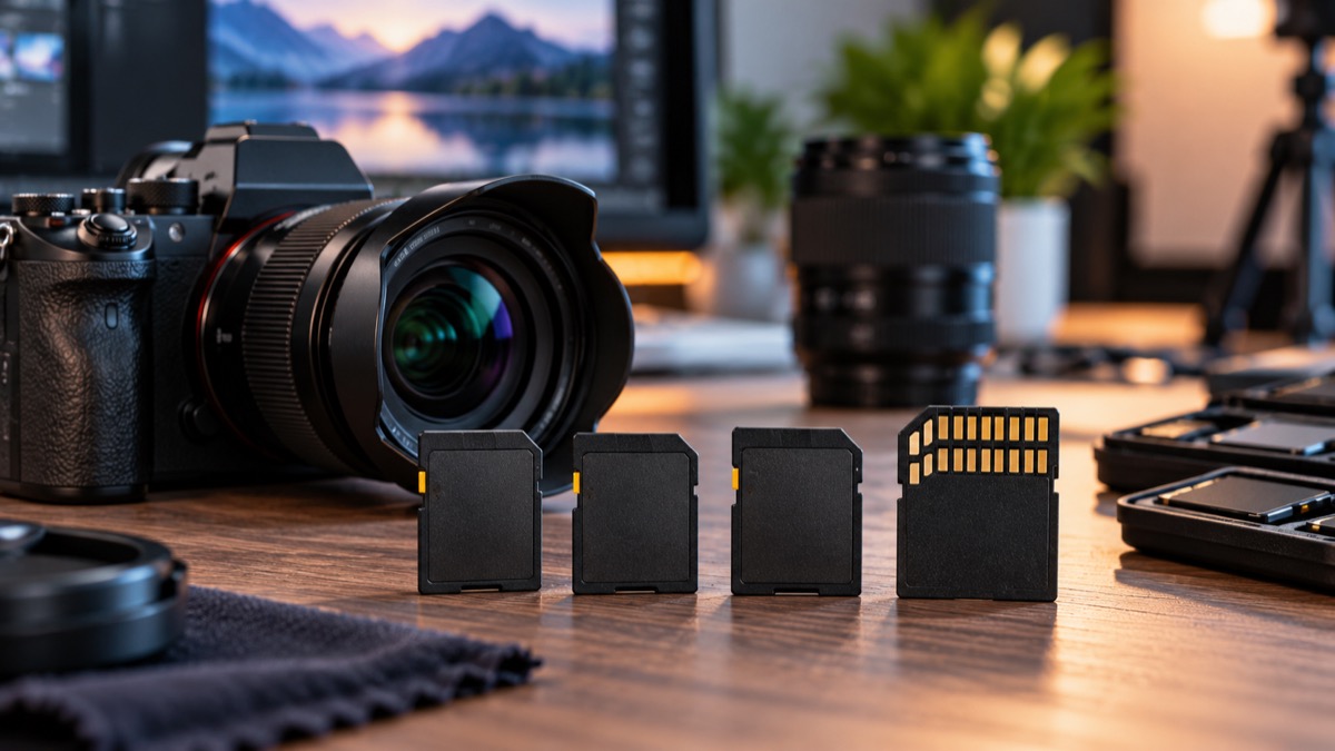 Appareil photo et cartes mémoire au studio