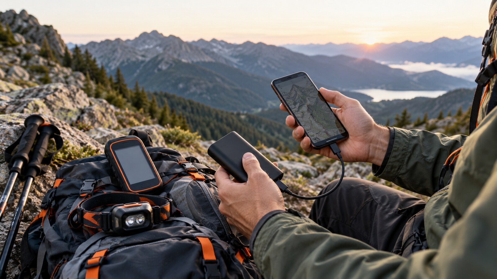 Randonneur rechargeant son smartphone avec une batterie externe en montagne