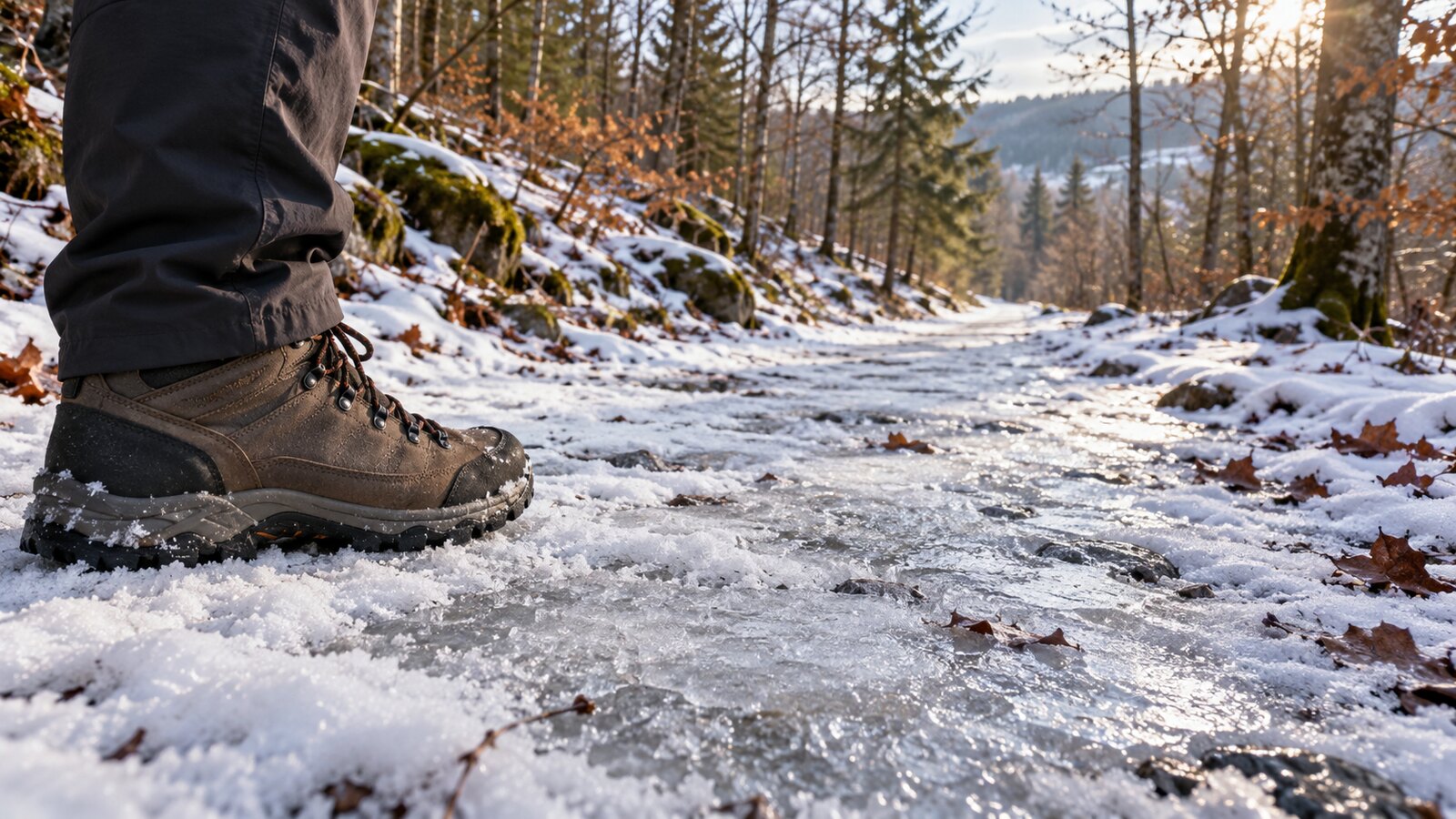 Illustration d’une chaussure de randonnée au bord d’un chemin forestier verglacé