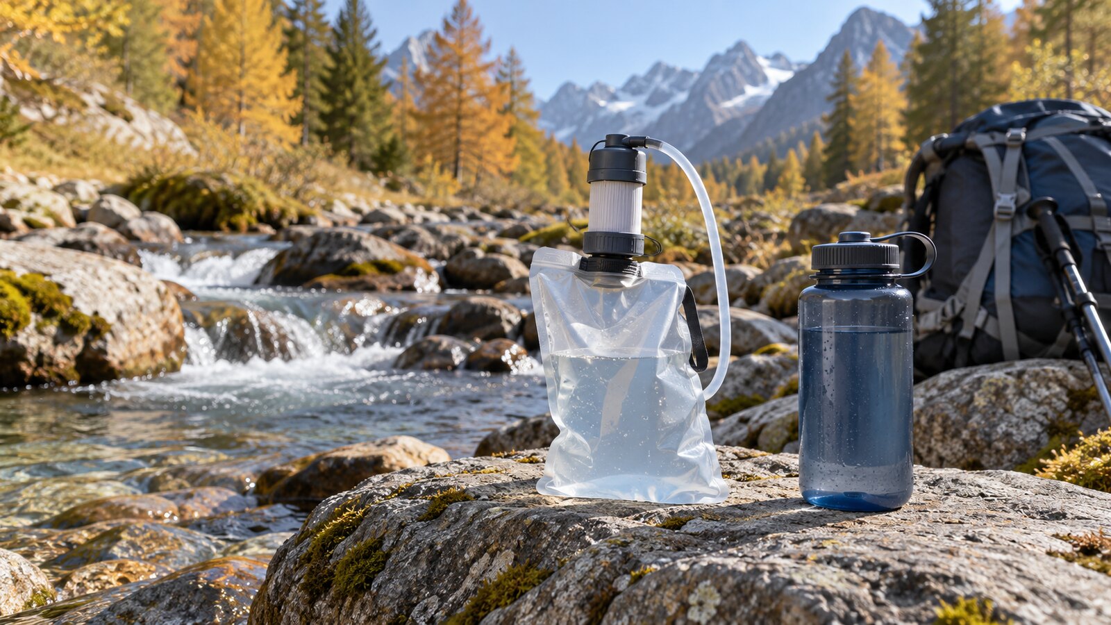 Poche avec filtre à eau et gourde fermée au bord d’un torrent de montagne