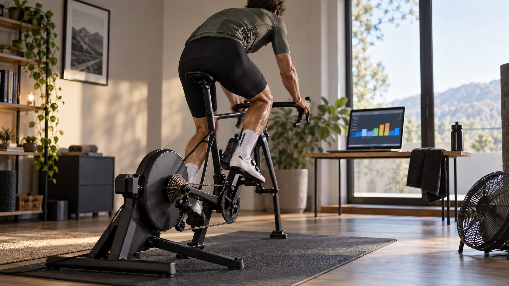 Cycliste sur un home trainer connecté pendant une séance de puissance en intérieur