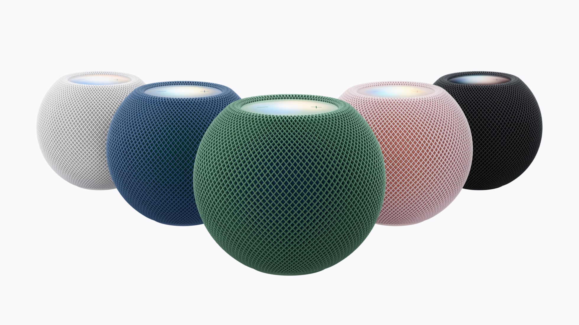 Apple HomePod mini 2 dans les cinq coloris blanc, bleu, vert, rose et minuit