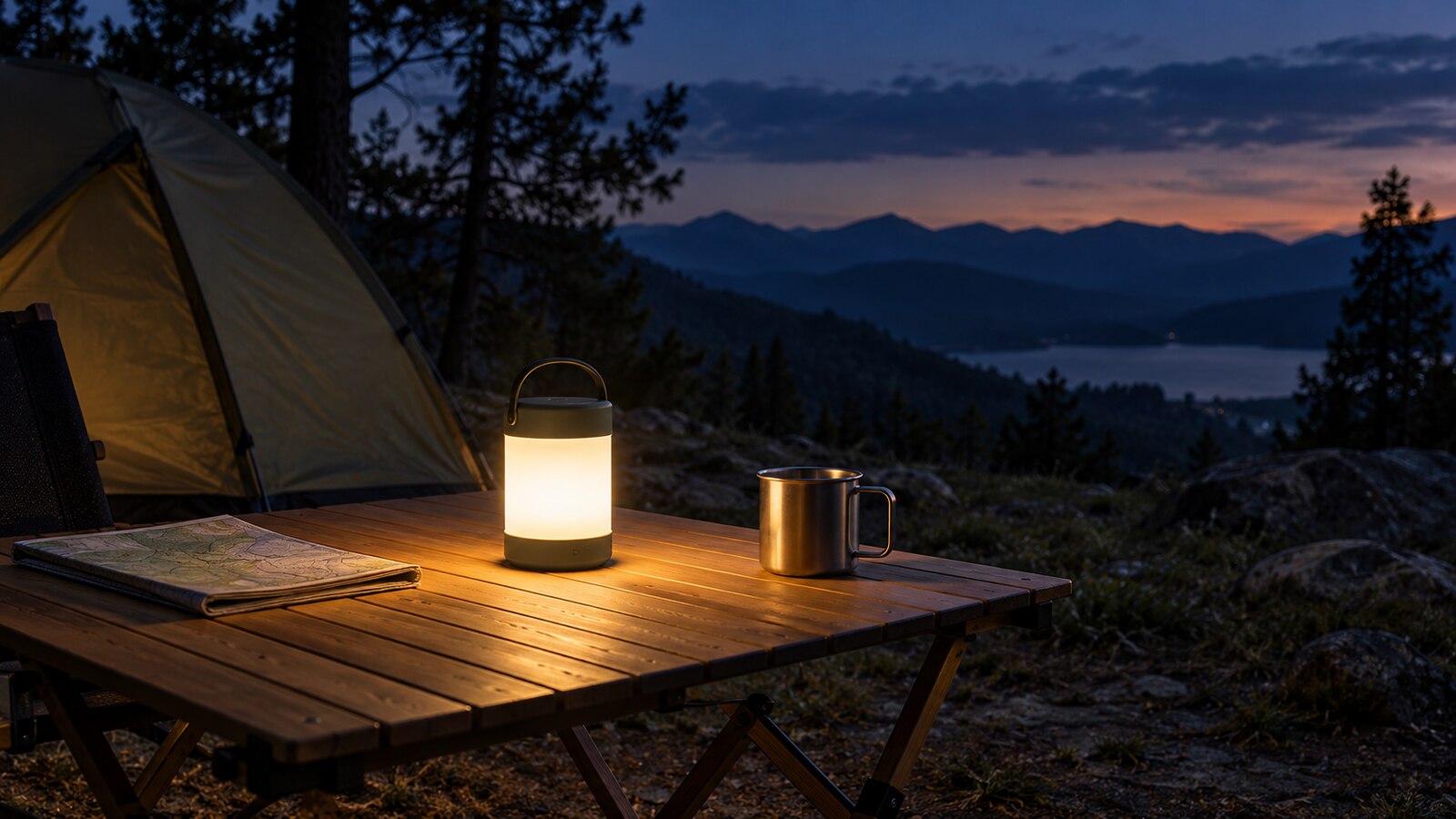 Illustration d’une lanterne rechargeable éclairant une table près d’une tente au crépuscule