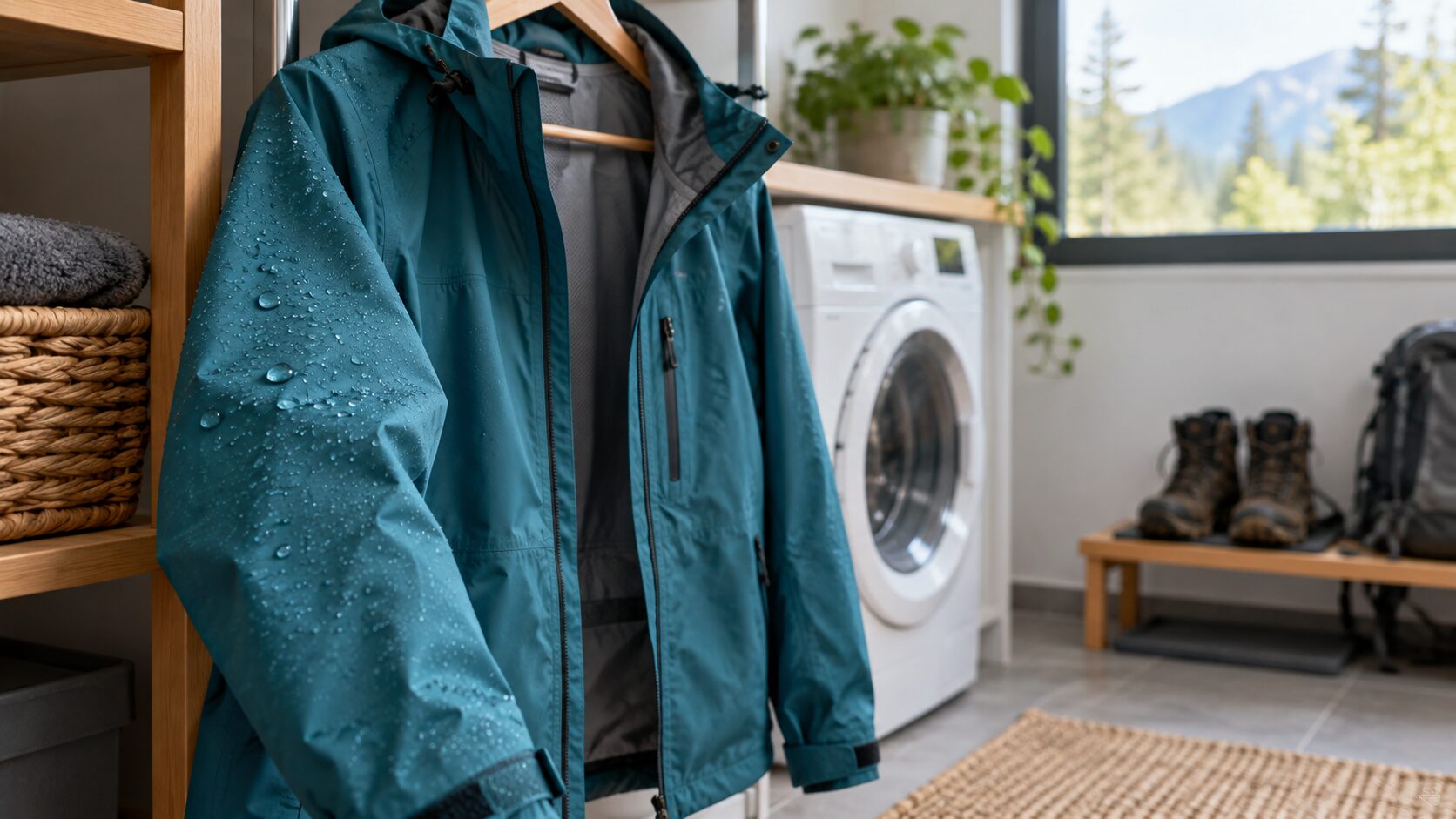Veste de randonnée générique avec des gouttes d’eau, suspendue à côté d’un lave-linge