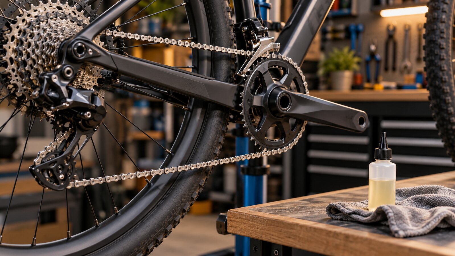 Transmission de vélo propre avec une bouteille de lubrifiant et un chiffon dans un atelier