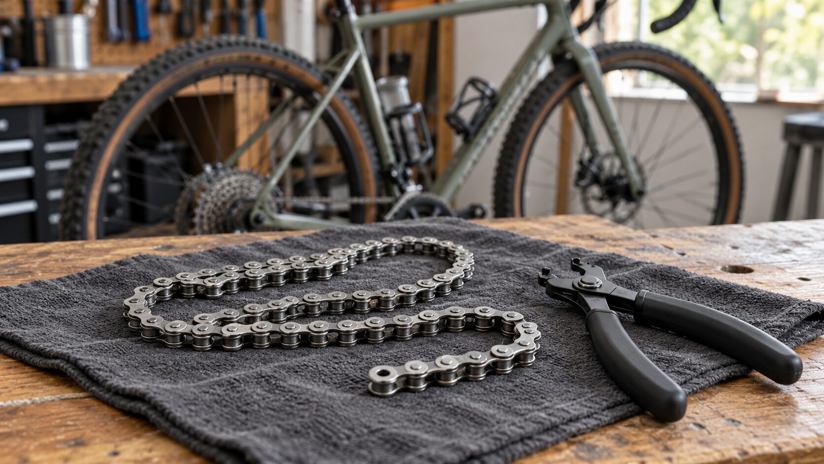 Chaîne de vélo et pince générique posées sur un établi, avec un gravel en arrière-plan