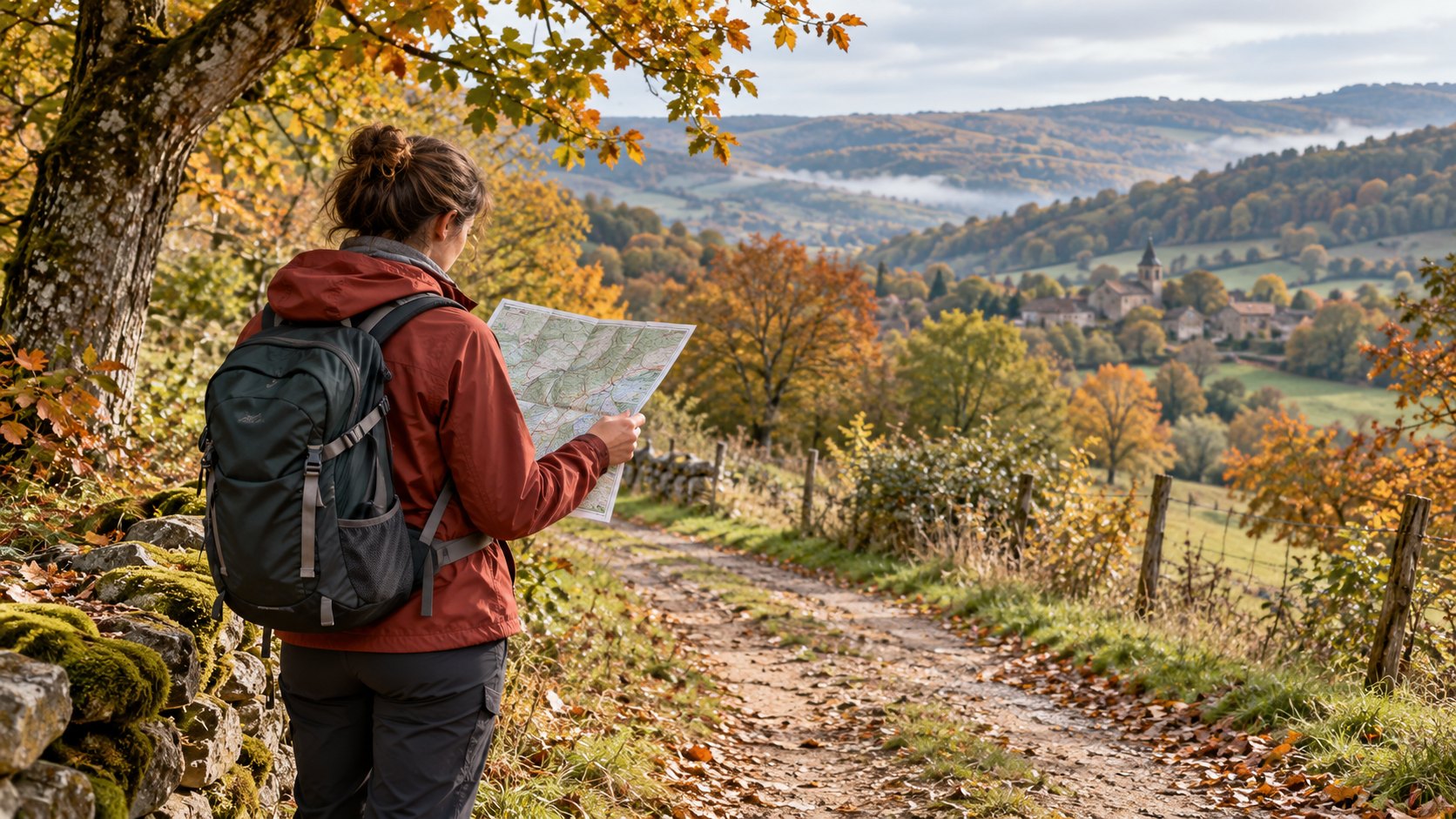 Une randonneuse consulte une carte sur un sentier de campagne en automne.