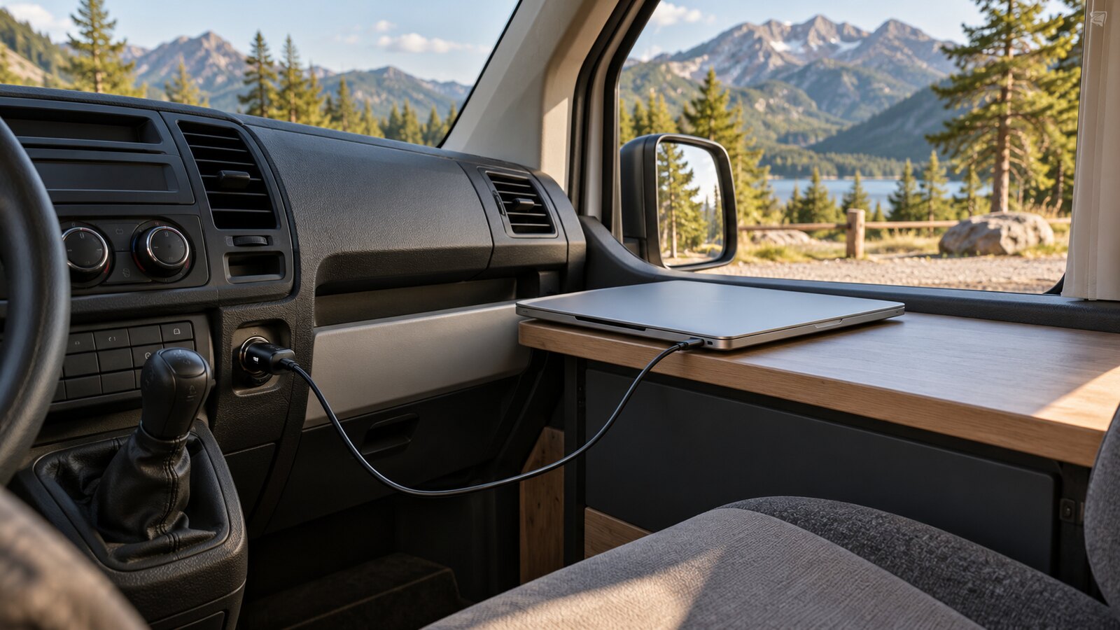 Ordinateur portable relié à un chargeur USB-C sur la prise 12 V d’un van stationné en montagne
