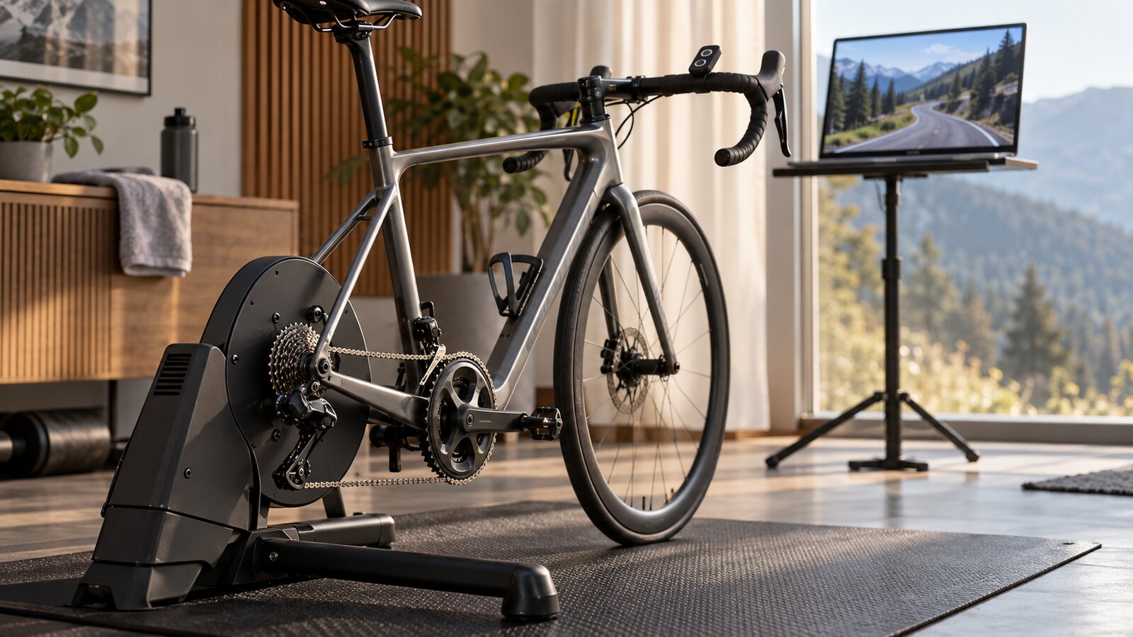 Vélo de route sur home trainer connecté devant un parcours de montagne à l’écran