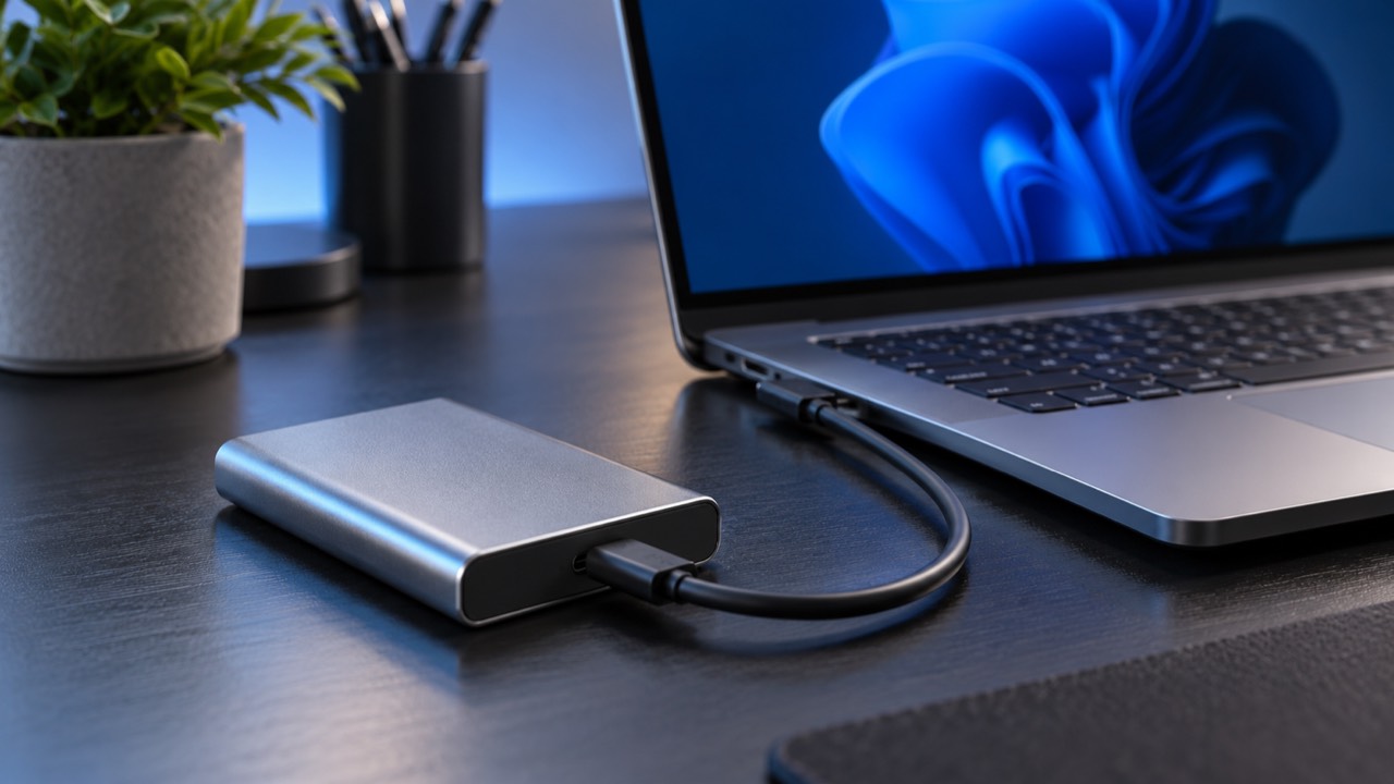 Illustration d’un SSD externe générique relié en USB-C à un ordinateur portable