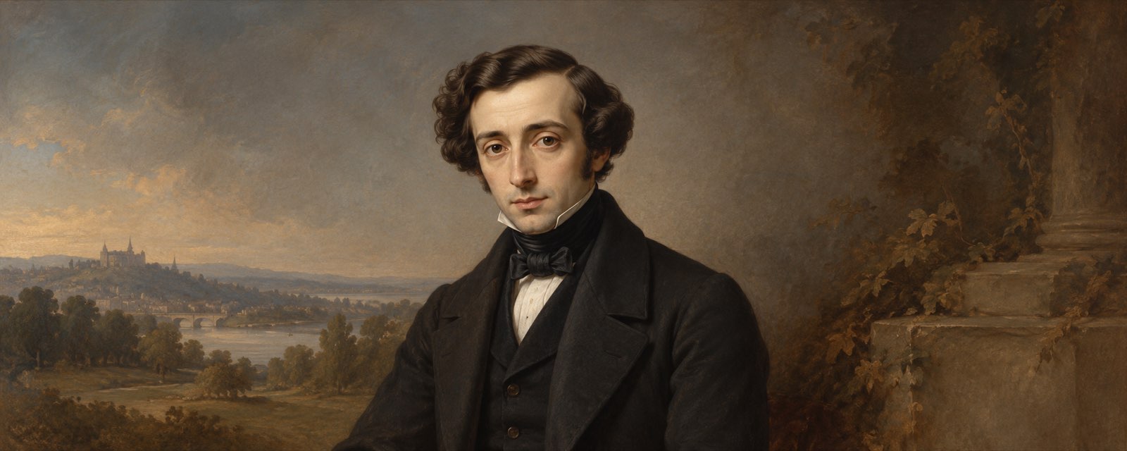 Portrait illustré d’Alexis de Tocqueville devant un paysage, au format panoramique.
