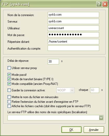 Fenêtre de configuration avancé du FTP